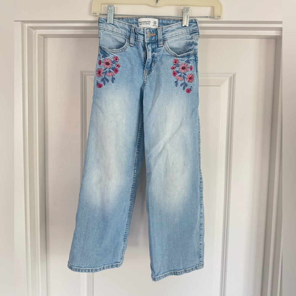 Abercrombie Kids Light Blue wide leg Jeans with Pink Floral Embroidery